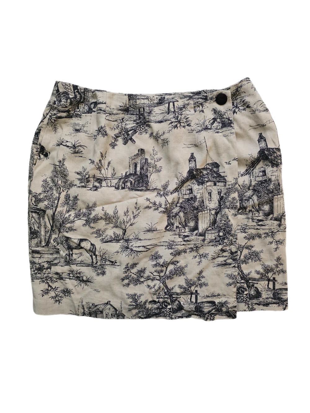 Chelsea Cambell Toile-Print Mini Wrap Skirt in Cream and Black Size 8P